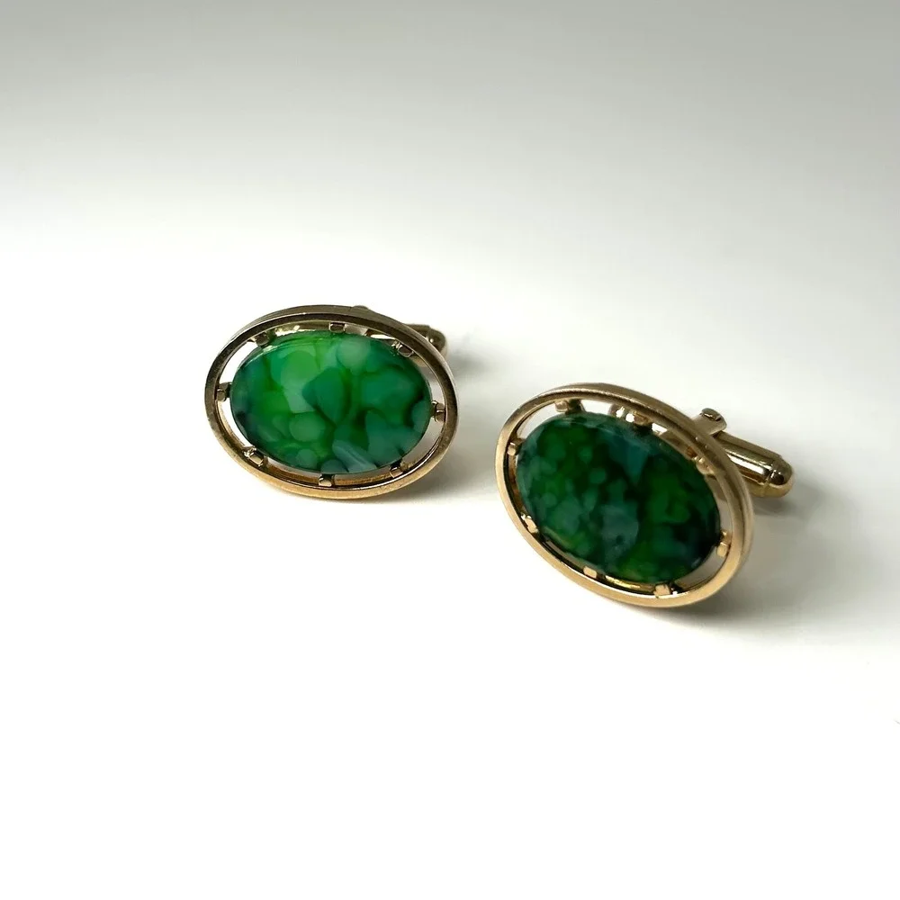 Vintage Gold Tone Green Marbled Semi Precious Oval‎ Cufflinks Mid Century Modern
